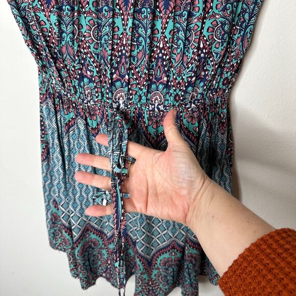 Olivaceous Teal Pink Multi Color Paisley Sleeveless Flowy Mini Tie VFront Small - Picture 3 of 13